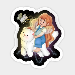 Little Girl Flying With White Cat Sticker